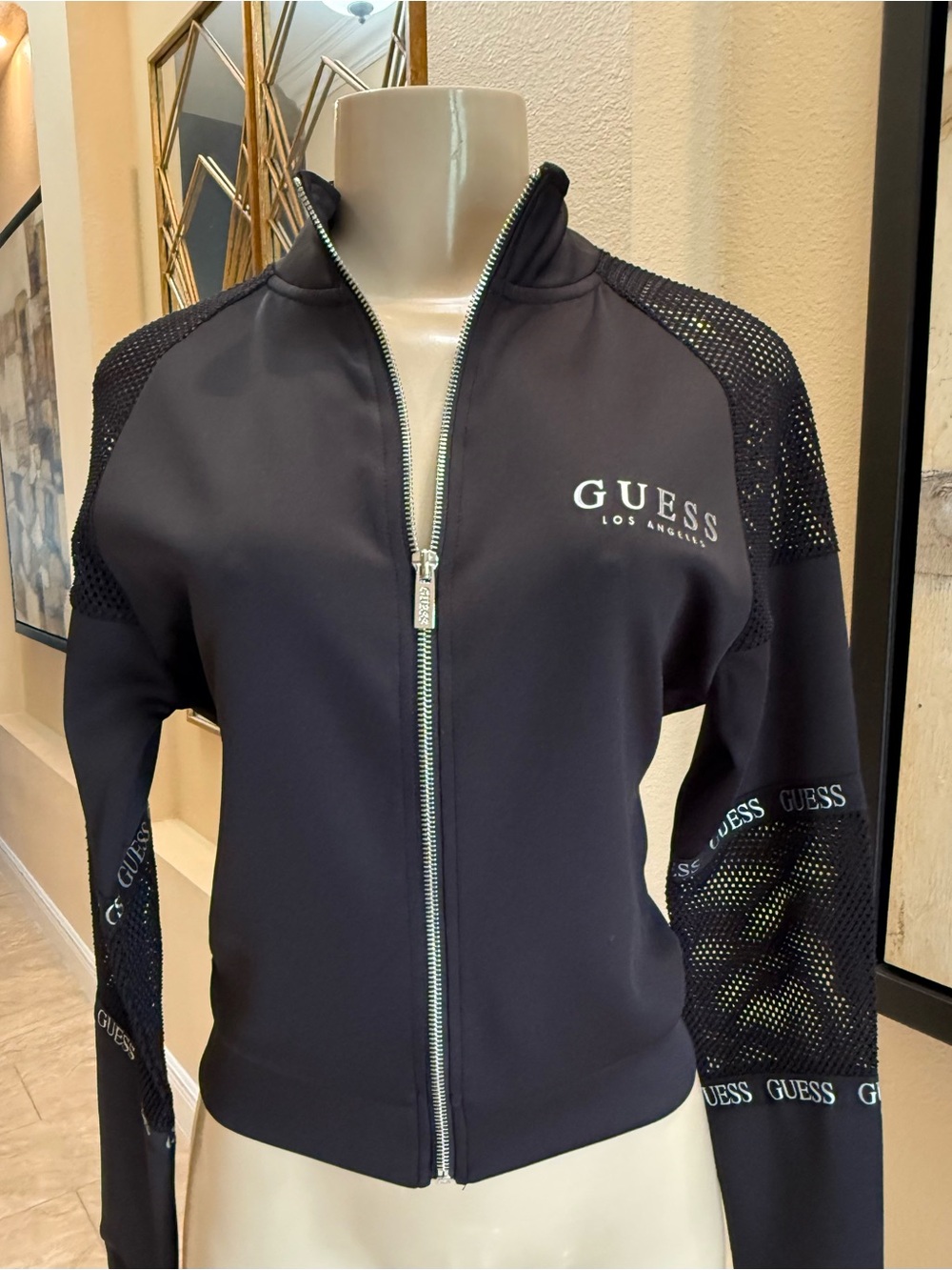 GUESS Jacket Womens Black Performance Crop Mesh Active Bomber Zip Up Y2K Style